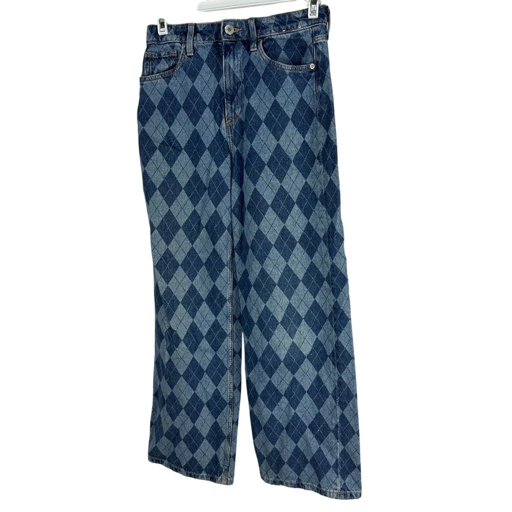 H&M Wide Leg High Waist Argyle Patterned Denim Jeans Girls Size 12